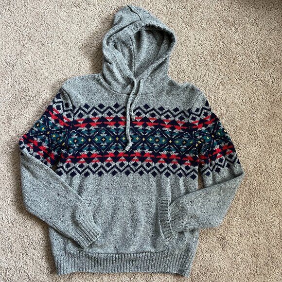 American Eagle Wool Blend Hoodie Sweater Southwest Print Knit Gray Mens XS Aztec - Picture 1 of 7